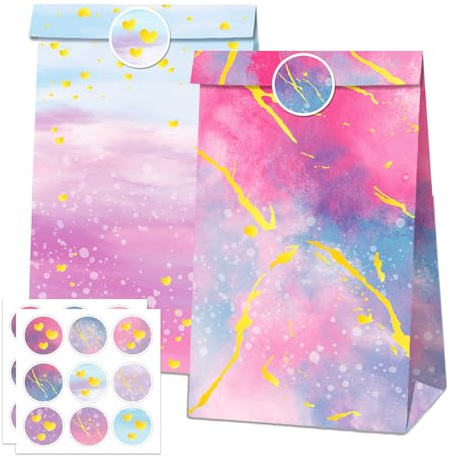 30Pcs Regenbogen Geschenktüten Geburtstage Bunte Papiertüten mit 18 Aufkleber Mitgebsel Tüten Papier Candy Tüten zum Verpacken von Geschenken, Giveaways, Hochzeit, Party, usw