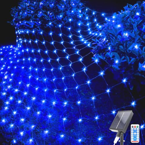 Kousee 192LEDs Solar Net Lights Outdoor, 6.6 x 9.8 Ft Mesh Fairy Lights, Waterproof Net Light with 8 Modes, Remote Control, Copper Wire Net Lights for Christmas Tree Lawn Fence Bushes Wall-Blue