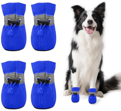 4 PCS Hundeschuhe Sommer, Hundeschuhe Pfotenschutz, Pfotenschutz für Hunde, Ausgestattet mit Reflektierendem Band, Geeignet für Den Lnnen- und Außenbereich, Atmungsaktiv und Verschleißfest/Blau 4