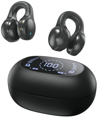 Open Ear Kopfhörer Bluetooth 5.4, Bluetooth Kopfhörer Sport Kabellos, Ohrclip Sportkopfhörer mit Eingebautes Mikrofon, HiFi-Sound mit Digitalanzeige Kabellos für Trainieren Laufen Fahren Radfahren