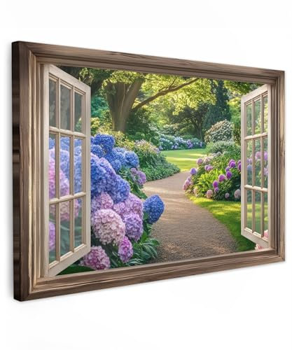 MuchoWow© Wandbilder Groß 120x80 cm XXL Schlafzimmer Home Deko Wohnung Bild Wohnzimmer Fotoleinwand Wand Bilder Leinwand Wall Decor Fensterblick - Garten - Fenster - Hortensie - Blumen