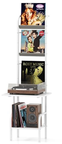 COSTWAY Support Tourne Disque Vinyle Mural 5 Niveaux, Meuble Vinyle Rangement pour Albums, CD/DVD, Rangement Platine, Cadre en Métal, 2 Kits Anti-Basculement, 50 x 51 x 145 cm (Blanc)