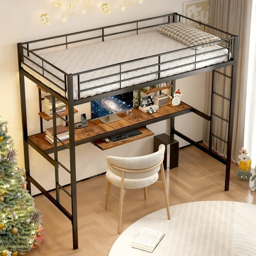 Durecoform High Bett, Eisenbett mit Schreibtisch, hochbett mit Schreibtisch Metallbettstruktur, Junior Betten, mit Vier kleinen Regalen, mit Fallschutz, 90 x 200 cm