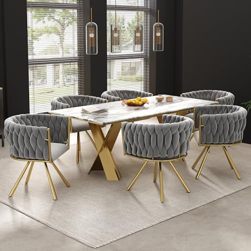 Merax Drehstuhl 6er Set, Moderne Armlehnstuhl aus Samt, Esszimmerstuhl Drehbar mit Metallbeinen, für Esszimmer, Wohnzimmer, Schlafzimmer, Grau und Gold