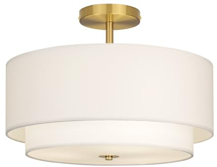 CALOKES Deckenlampe Rund Ø40 cm aus weißem Stoff – Dimmbar, mit E27-Fassung & goldenem Metallrahmen – Ideal für Wohnzimmer, Schlafzimmer, Flur & Küche – Weiches Licht für moderne Deckenbeleuchtung