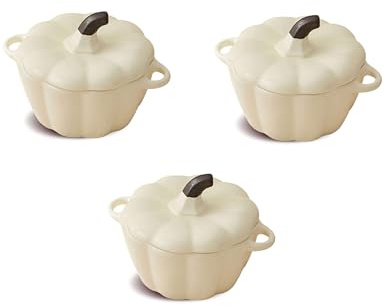 Mini Cocottes Blanc en forme de courge en Céramique Double Poignées avec Couvercle – 11 x 9,5 cm – Lot de 3, Hobby Tech