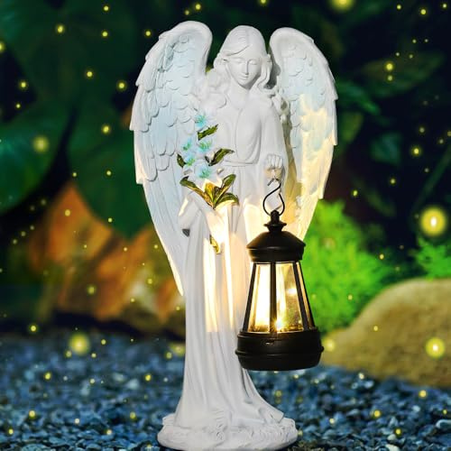 KBIBCK Solar Engel Gartenstatuen, Wetterfest Grabschmuck, LED Fairy Engel Figur, Gartenstatue Geschenke, 31 cm Engels Skulptur Deko Rasen, Grablicht Outdoor-Deko für Friedhof Outdoor Gartendekoration