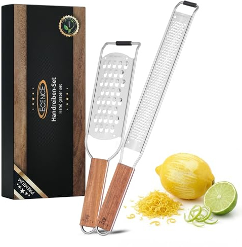 ECENCE Ralladores de Cocina 2 Piezas Acero Inoxidable con Mango de Acacia | Set con rallador fino tipo zester y rallador grueso para queso, limón, ajo y jengibre