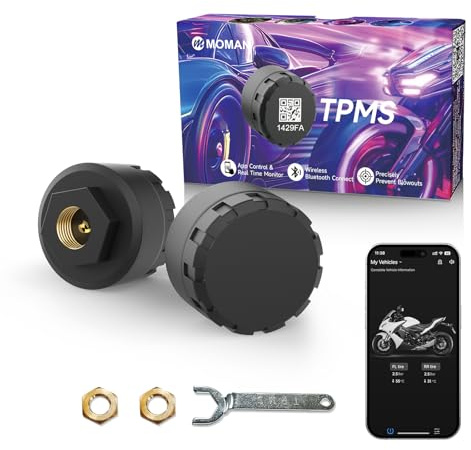 Moman TPMS Motorrad Sensoren 2er Set, Kabelloses Reifendrucksystem | Bluetooth Reifendruckkappen, APP-Überwachung, Temperaturwarnung, Kompatibel mit iOS Android, Einfache Installation