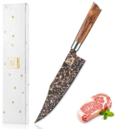 zayiko ShadowMagma Chefmesser mit 21,5 cm Klinge aus 73 Lagen Damaststahl | VG10-Kern, Kupfer-Bronze-Einlage, Apfelwurzelholzgriff, 15° V-Schliff, 60 ± 2 HRC, Geschenkbox für Fleisch, Fisch und Gemüse