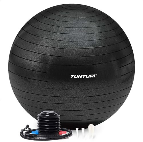 Tunturi Anti Burst Fitnessball mit Pumpe - Yoga-Ball 75 cm - Pilates-Ball - Schwangerschaftsball – 220 kg Benutzergewicht - Inklusive Trainings-App – Schwarz