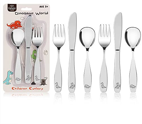 Lehoo Castle Kinderbesteck, 6-teiliges Edelstahl Besteck Kinder Set mit Löffel, Gabel, Messer, Dinosaurier Kinderbesteck ab 3 Jahre