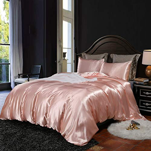 Lanqinglv Bettwäsche 135x200cm 4 Teilig Rosa Satin Seide Seidig Luxus Uni 2 Bettbezug 135x200cm mit Reißverschluss und 2 Kissenbezug 80x80cm