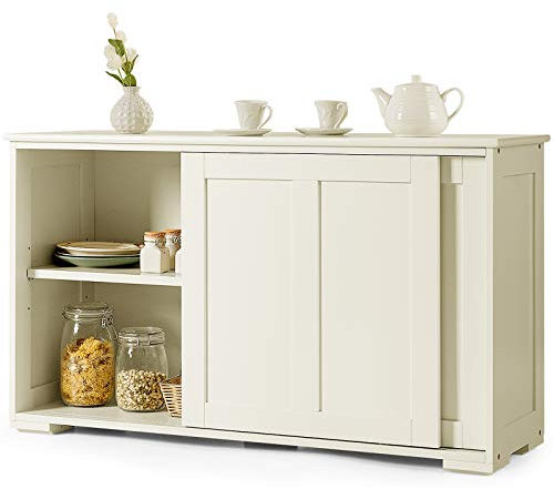 DREAMADE Buffet de Cuisine 2 Etagères Réglables à 3 Positions, Meuble de Rangement Bas avec Porte Coulissante pour Cuisine,Salon,Salle à Manger,Bureau, 107X33X62,5 CM (Blanc)