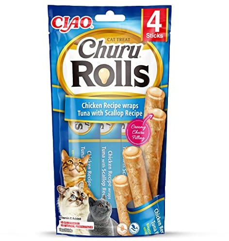 INABA Churu Rolls mit 40% Hühnerfleisch und 32% Thunfisch Katzenleckerlis | Getreidefrei, Zuckerfrei, Keine Nebenerzeugnisse Katzensnacks | Perfekt zum Verstecken von Tablette 40 g (1er Pack)