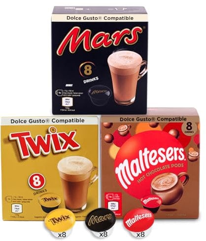 Boissons au Chocolat - Dolce Gusto Compatible - 24 Capsules - Mars, Twix, Maltesers (8 chaque)