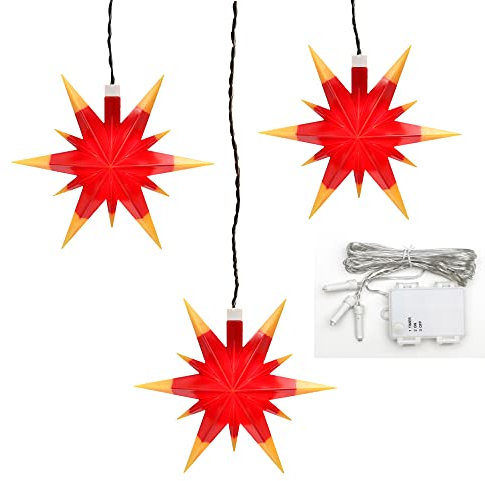 Dekohelden24 3er Set Weihnachtssterne aus Kunststoff in rot/gelb, inkl. LED Beleuchtung und 6h Timer, für Batteriebetrieb, für Innen und Außen geeignet. Maße je Stern L/B/H: 13,5 x 5,5 x 12 cm.