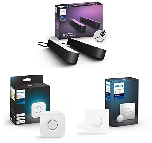 Philips Hue White and Color Ambiance Play Lightbar 2-er Pack, Schwarz + Bridge, zentrales, intelligentes Steuerelement des Hue Systems + Smart Button, komfortables Dimmen ohne Installation, LED