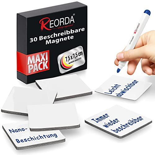 Reorda® Magnetstreifen beschreibbar - 30 Stück wiederbeschreibbar – 7,5 x 7,5 cm (Weiß) - Beschreibbare Magnete für Whiteboard, Kanban, Magnettafel oder als beschriftbare Magnete für den Kühlschrank