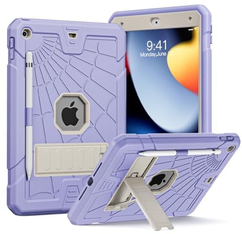 Herize iPad Hülle 10,2 Zoll 9./8./7. Generation mit Stifthalter | Schützende iPad 10.2 Hülle 2021/2020/2019 für Kinder | Strapazierfähige, stoßfeste Hüllen mit Ständer für iPad 9/8/7 - Lila & Weiß