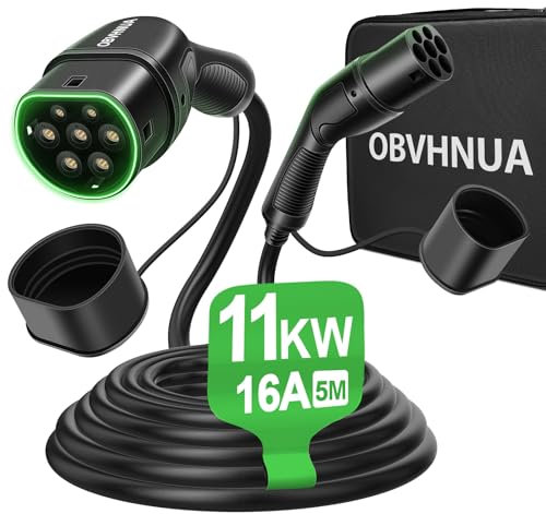 OBVHNUA Câble de Recharge Voiture Electrique Type 2 11kW Triphasé 16A 5m EV Véhicule et Hybride Rechargeable Chargeur Portable EVSE Charger Rapide avec Sac de Transport
