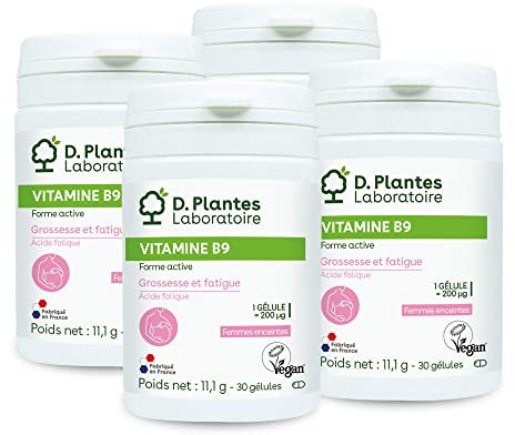 D.PLANTES - Vitamine B9 (acide folique) - Complément Alimentaire - Vitamine Grossesse, Allaitement, Fatigue - 1 Gélule = 100% AR - Pack 4 x 30 Gélules