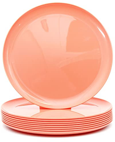 Youngever 9 platos de plástico de 25 cm, platos grandes, platos llanos, juego de 9 (melocotón)