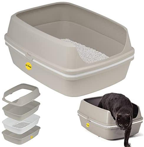 CAT CENTRE Jumbo Scoopless Grey Open Cat Litter Tray High Sided Rim 57cm Kitten Pet Sifting Toilet Plastic Loo Pan Box Anti-Spillage Portable Easy Cleaning No Spilling Grey Collection XL
