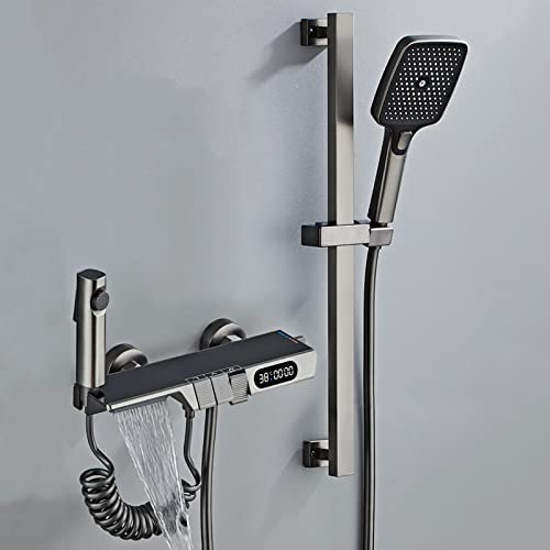 Wannenarmatur Thermostat mit Brause Duscharmatur Wandmontage Duschset Duschkopf Sprühpistole Messing Mischbatterie Badewanne Thermostat-Grau