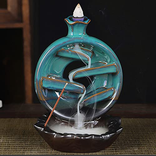 Incensore a riflusso, incensierato a cascata in ceramica con 40 coni di incenso + 30 bastoncini di incenso + 1 pinza + 1 cuscino per meditazione aromaterapia Home Decor, blu