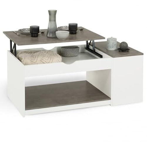 IDMarket - Table Basse Plateau relevable rectangulaire ELEA avec Coffre Bois Blanc et Effet béton