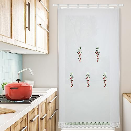 HOMEYA - Cortina Cocina Translúcida 150x180cm - Cortina con Bordados de Cerezas,para Cocina,Comedor, Marco de Puerta - 1 Unidad Color Blanco,100% Poliester