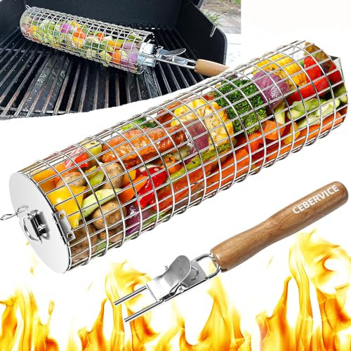 CEBERVICE Cestas rodantes para parrilla al aire libre, acero inoxidable SUS304 grueso, mango extraíble, cesta cilíndrica redonda para barbacoa, verduras, carne de pescado, accesorios de barbacoa