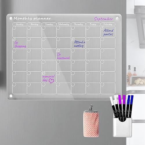 Magnetischer Whiteboard-Kalender aus Acryl für Kühlschrank, transparenter Monatskalender für Kühlschrank, inkl. 6 trocken abwischbaren Markern in 3 Farben (40 x 30cm)