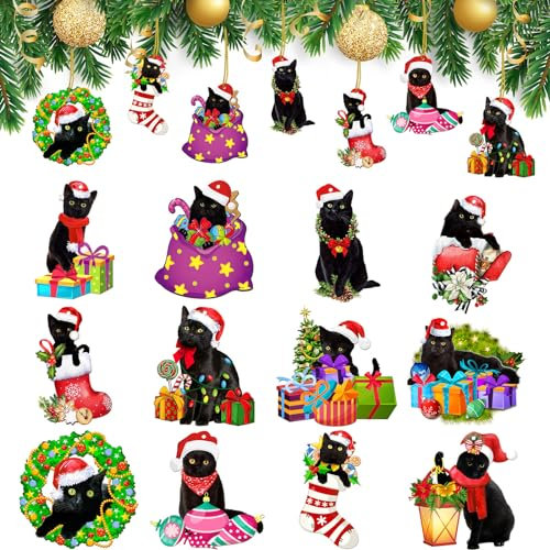 Barydat 24 Stück Holz Katze Weihnachtsbaum Ornamente Schwarze Katze Weihnachten Ornament Niedliche Schwarze Katze Dekor Weihnachtsbaum Topper Katze Holz Weihnachtsbaum Katze Dekorative Hängende