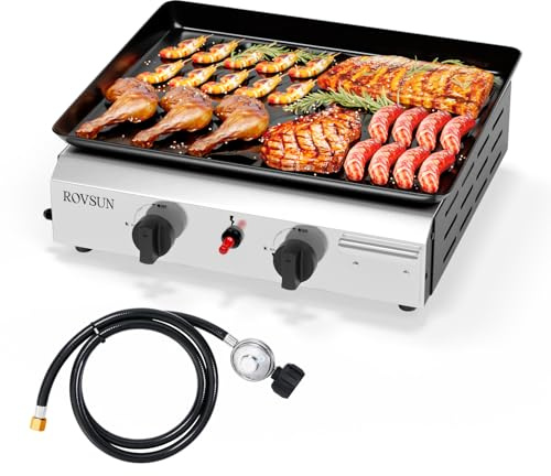 ROVSUN Camping Gasgrill Tischgrill aus Edelstahl, mit 2 Brennern, 4,8 kw, Emaillierter Antihaft-Grillplatte & ein-klick-Zündung für Camping, Garten & Strand, ohne Strom 44x39x16 cm