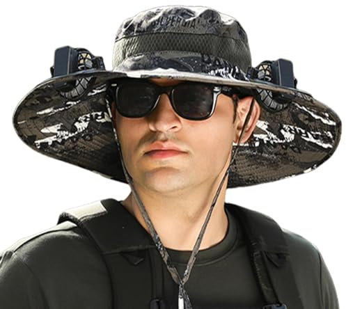 Ruwshuuk Hut mit Ventilator,Hut mit eingebautem Ventilator, Sonnenhut mit breiter Krempe, 3 einstellbare Windgeschwindigkeiten, Bequemer, atmungsaktiver Fischerhut für Männer und Frauen