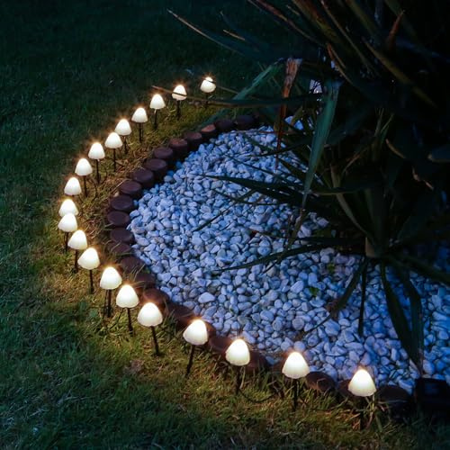 LED Lichterkette Mini Pilze 20 Gartenstecker mit Erdspießen weiße Deko Pilze Gartendeko 8 Modi mit Timer L: 3,8m