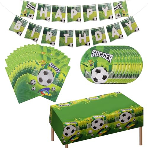 Huiguli Vajilla de Fútbol para Fiesta de Cumpleaños, 44 Pcs Kit de Vajilla Cumpleaños Futbol con Banner Servilletas Manteles Platos, Decoracion Cumpleaños Futbol para Niños, 10 Invitados