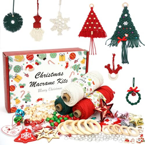 Makramee Set für Anfänger mit Anleitung, Makramee Weihnachtsdeko Set, 3mm x 50m Makramee Garn Set mit holzringe und holzperlen Zubehör, DIY Deko Weihnachten - für Weihnachtsschmuck, Komplettset