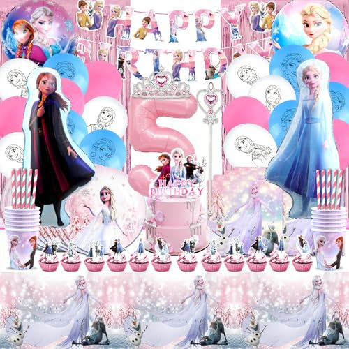 108 Pièces Kit Anniversaire Reine des Neiges 5 Ans, Anniversaire Froze 5 Ans, Ballon Anniversaire Reine des Neiges 5 Ans, Vaisselle Reine des Neiges, Baguette et Couronne Reine des Neiges