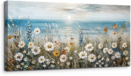 MHARTK66 Wiese am Meer Leinwand Bilder, 50x100 cm Groß Wandbilder Wohnzimmer Bunte Blumen Bild Aesthetic, Modern Wanddeko Kunstdruck Schlafzimmer Badezimmer Büro Esszimmer Küche