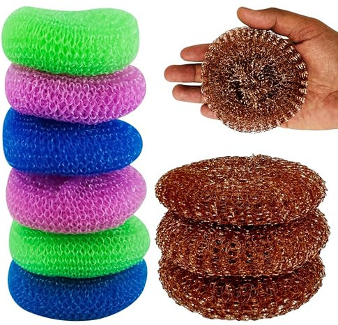 9x Scourer Set – Non Scratch Copper Coated Mesh Scrubbers and Polypropylene Cleaning Pads – Reusable Kitchen Scouring Tools for Pots Pans Grills Cookware – 9cm