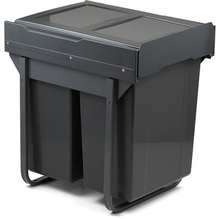 Handle & Home 450mm Pull Out Cabinet Bin Base Fix Grey 2 x 30L Sliding Cupboard Waste Recycle