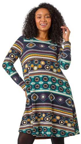 Roman Originals Tunic Dress with Pockets for Women UK Ladies Swing Fit & Flare Skater Slouch Stretchy Casual Smart Winter Jersey Pull On Work Office 3/4 Long Sleeves - Petite Multi - Size 14