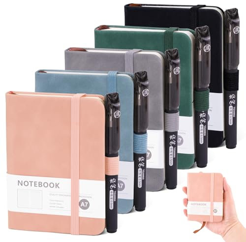 SHILIPAIJC 5 Stück Notizbuch Klein, Mini Notizblock A7, Hardcover Notizbücher mit Stift Gummizugverschluss, Pocket Notizheft Pocketbook Taschen Journal für Schule, Arbeit, Büro (200 Seiten)