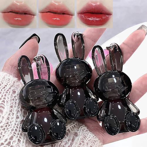 3Pcs Hase Feuchtigkeitsspendend Lipgloss Set, Jelly Liquid Lipsticks Glänzend Niedliches Lipgloss-Öl Lip Plumping Feuchtigkeitspflege Glas Finish Lip gloss für Frauen