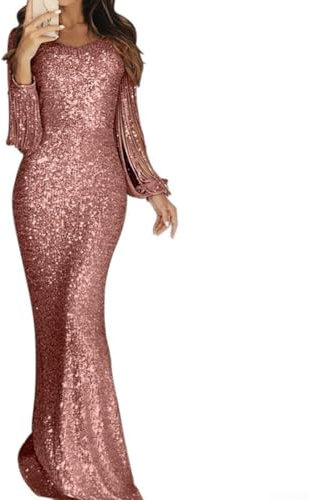 Robe de soirée moulante à manches longues pour femme, robe de bal moulante à manches longues (M pour rose)