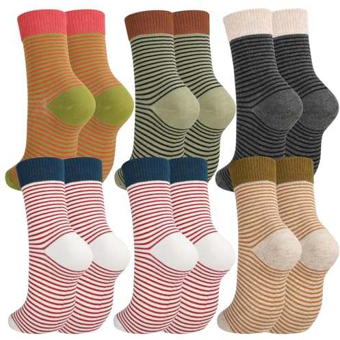Jspupifip 6 Pairs Womens Strip Crew Socks Cute College Style Ribbed Socks