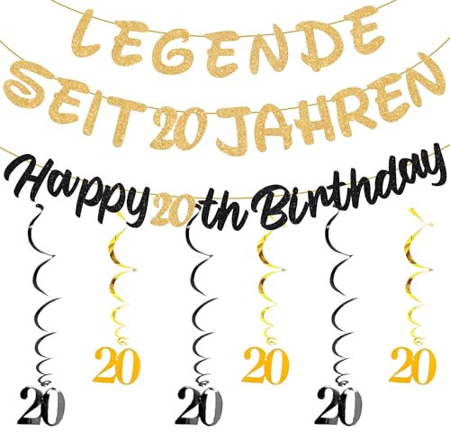 Deko 20. Geburtstag Frau Mann - 42 Stücke Geburtstagsdeko 20 Jahre Girlande Schwarz Gold Banner Dekorationen, Spiralen Hängedeko für Legende Seit 20 Jahren